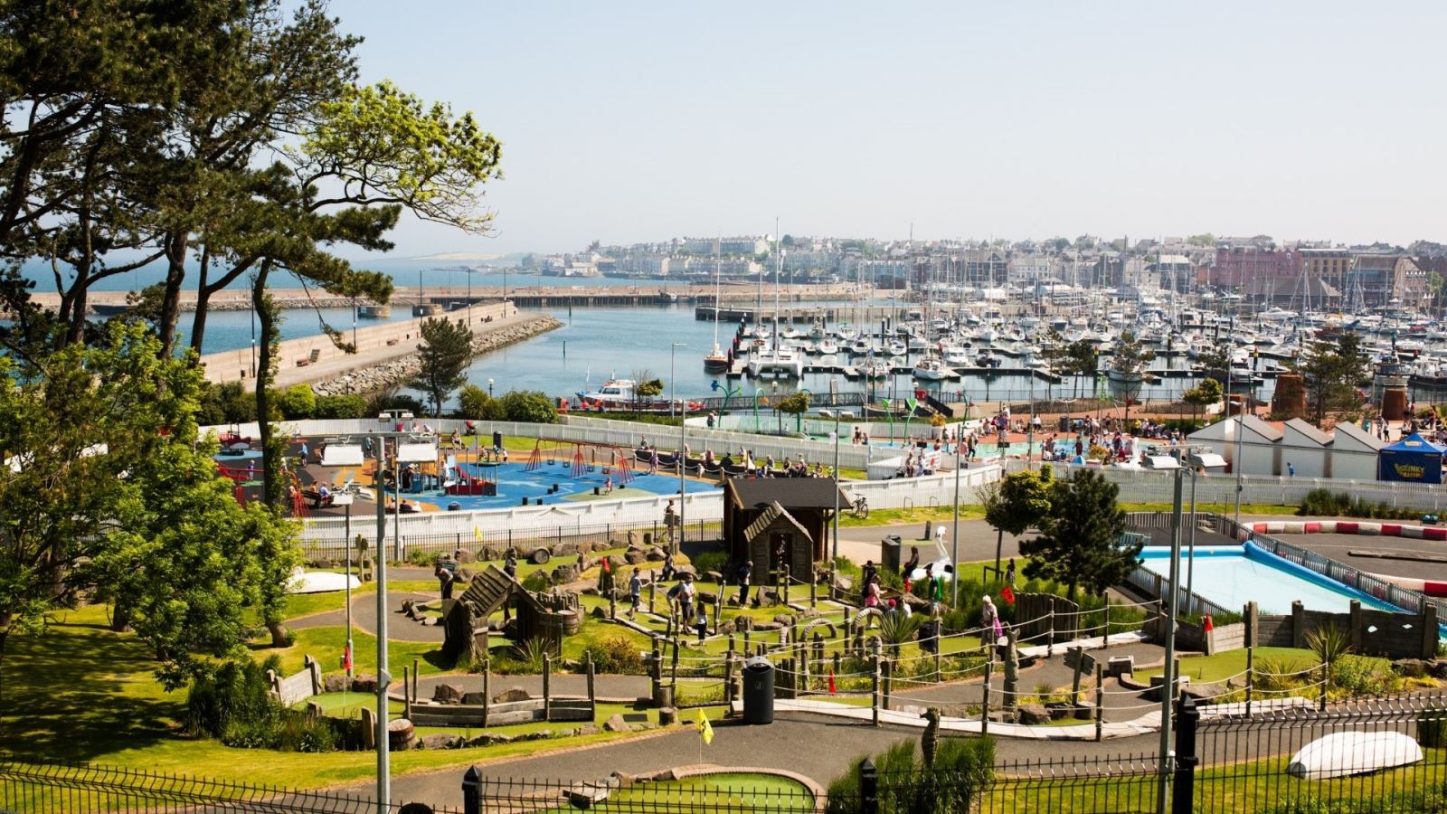 A wide view of Pickie Funpark with Bangor Marina in the background